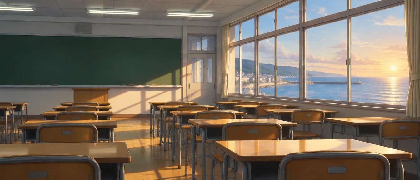 Ruang kelas SMA Seiran pukul 17.59: papan tulis kosong, deretan meja kayu, jendela besar ke laut Harumi Bay yang tenang.